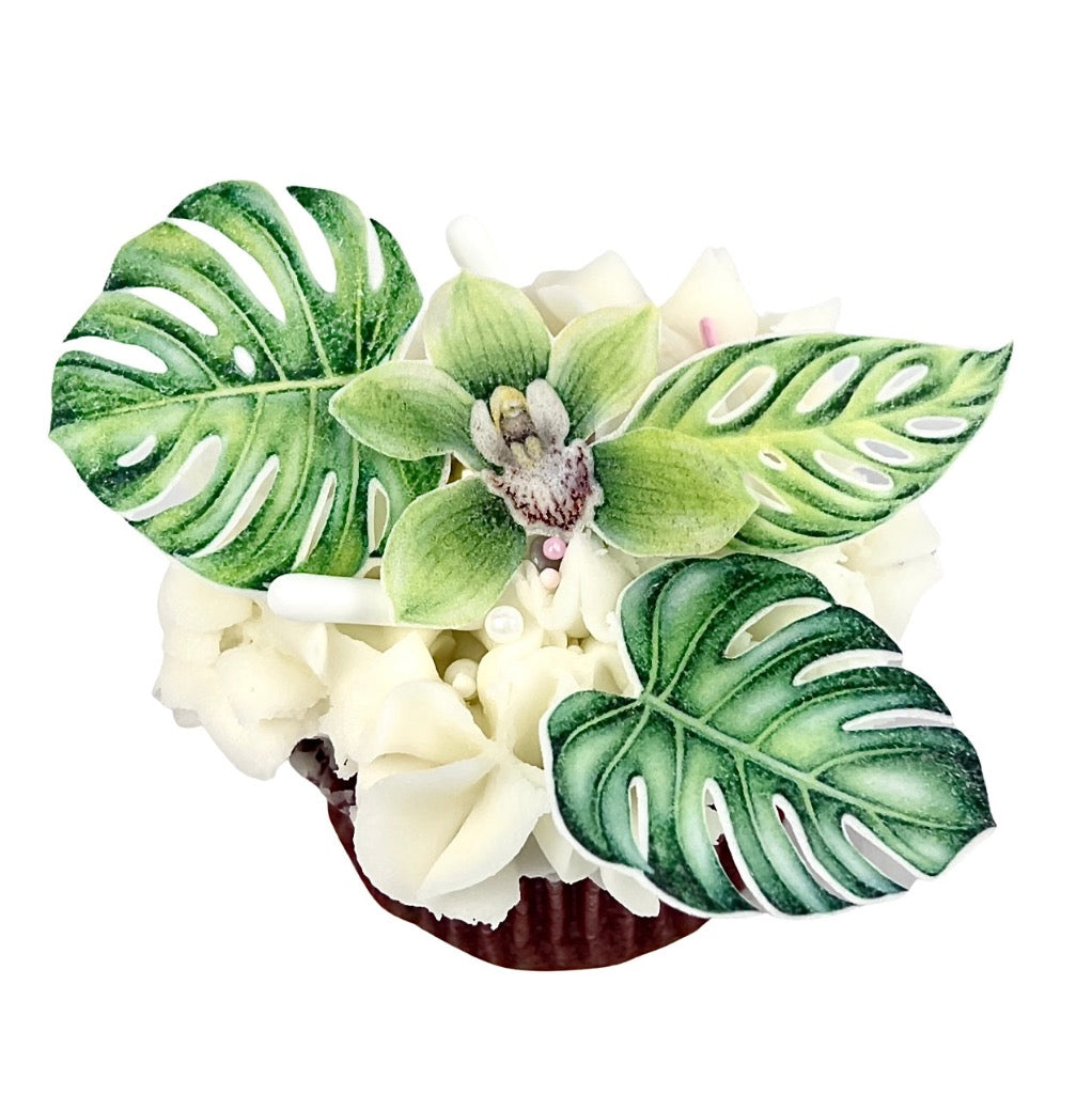Edible Wafer Cupcake Toppers - Tropical Leaves Orchid Monstera Palm Cakers Paradise