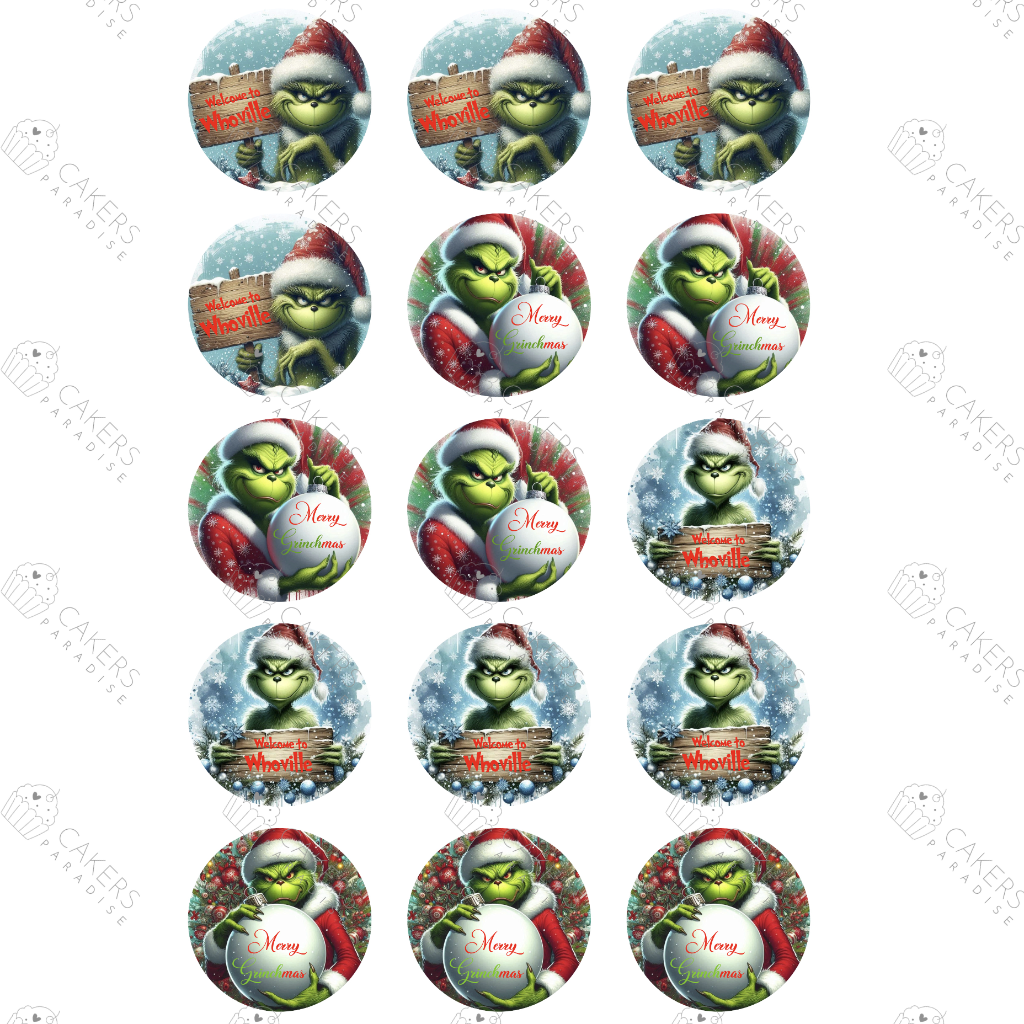 2" Cupcake Edible Icing Image - Grinchmas Grinch Christmas Whoville bauble