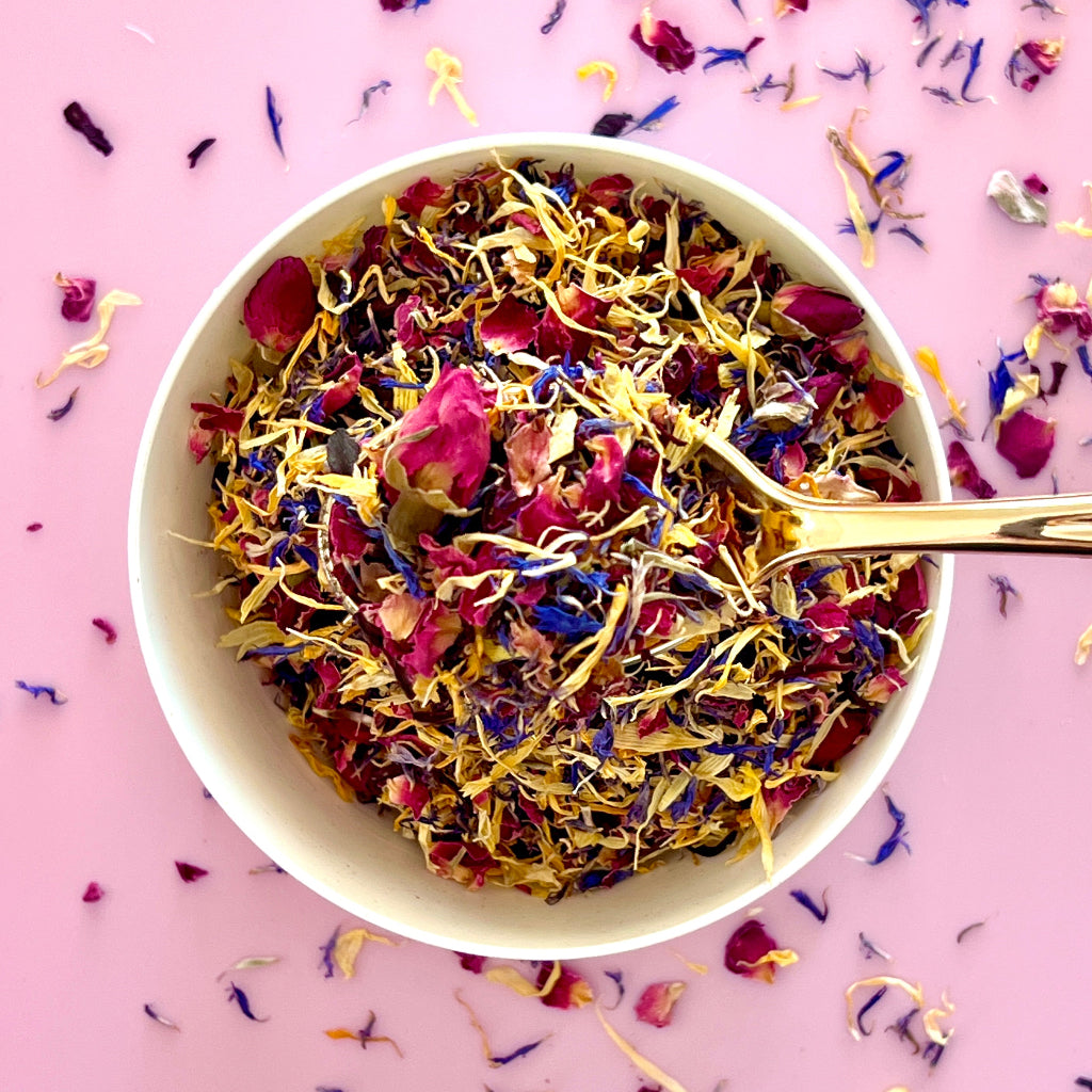 Dried Edible Flowers 20g - Floral Cascade red rose petal, rose buds, blue cornflower, marigold, rosella