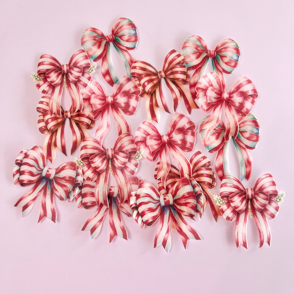 Edible Wafer Cupcake Toppers Bows - Christmas Candy Stripe 15pc