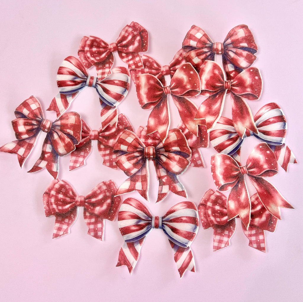 Edible Wafer Cupcake Toppers Bows - Christmas Gingham 15pc