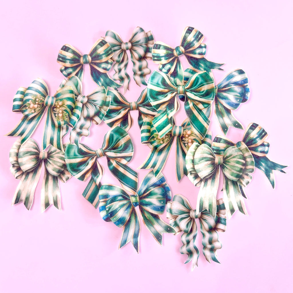 Edible Wafer Cupcake Toppers Bows - Christmas Green Stripe 15pc