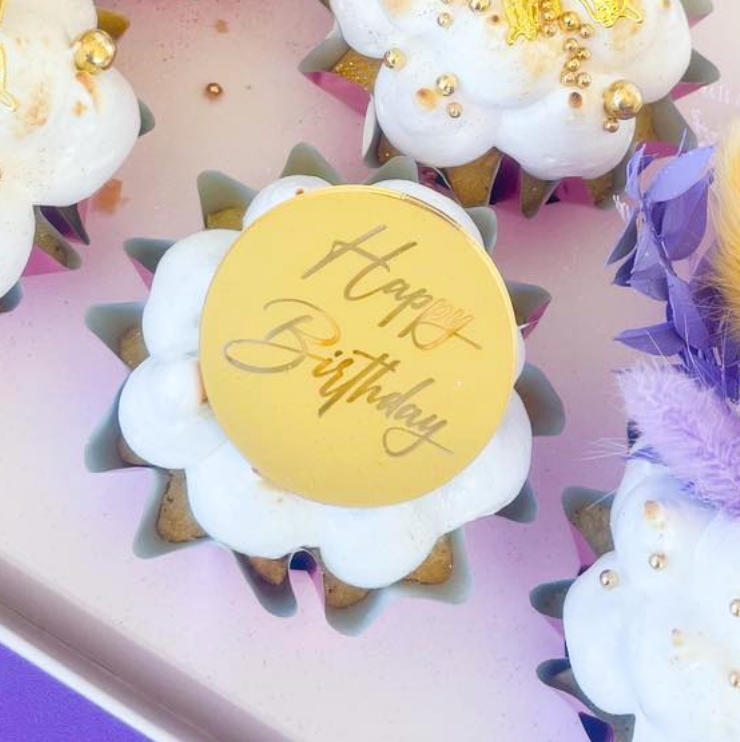 Round Acrylic Cupcake Topper Disc - Happy Birthday Script 6pc