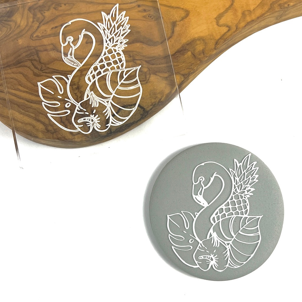 acrylic cookie stamp fondant embosser tropical flamingo with palm leaves