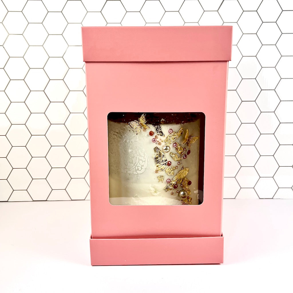 Olbaa Cake Box with Window - 8"x8"x14" - Rose Pink