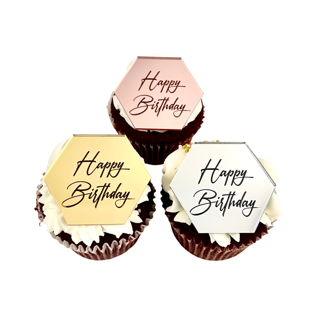 Hexagon Acrylic Cupcake Topper Disc - Happy Birthday Handwritten 6pc
