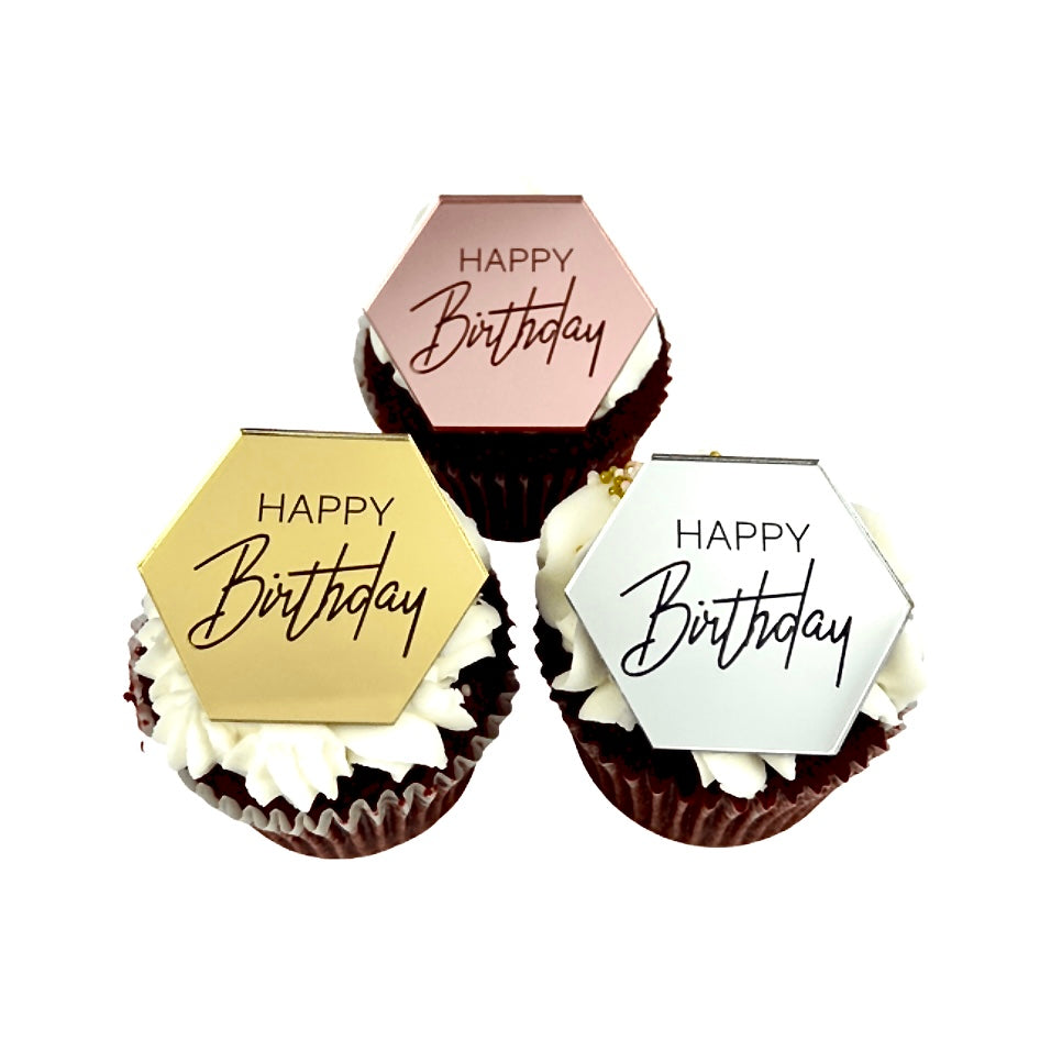 Hexagon Acrylic Cupcake Topper Disc - Happy Birthday Script 6pc
