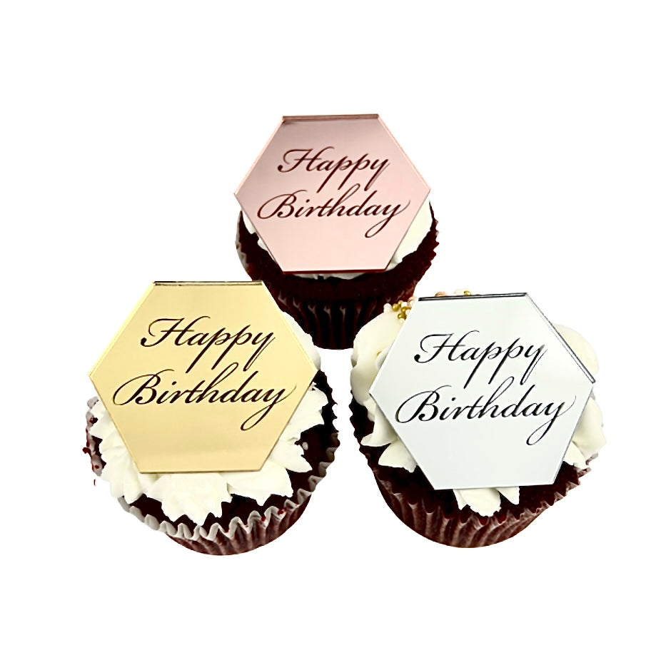 Hexagon Acrylic Cupcake Topper Disc - Happy Birthday Italic 6pc