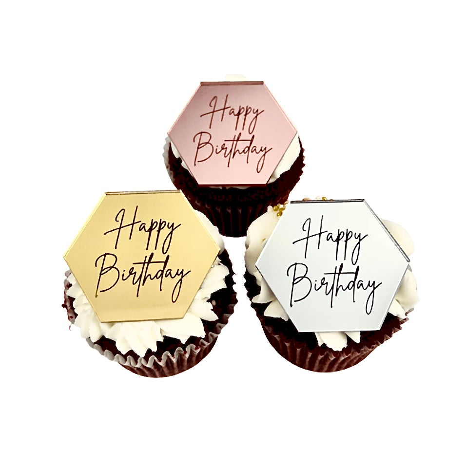 Hexagon Acrylic Cupcake Topper Disc - Happy Birthday Fine Handwritten 6pc