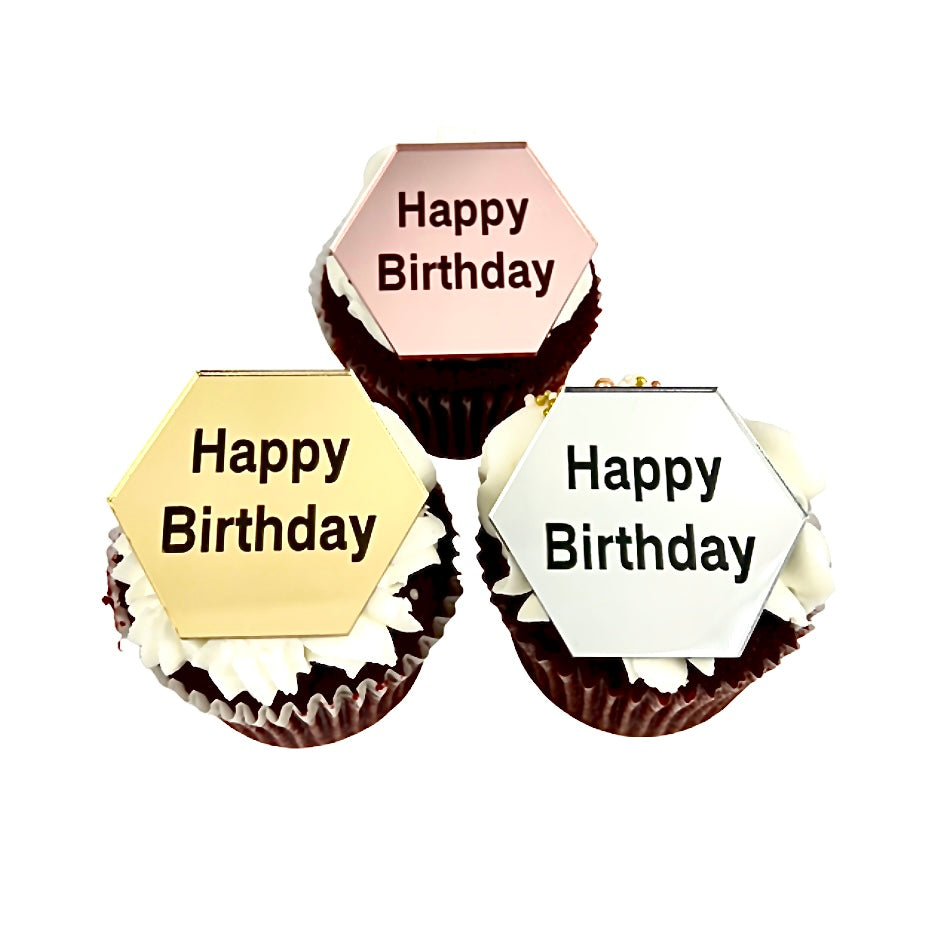 Hexagon Round Acrylic Cupcake Topper Disc - Happy Birthday Sans Serif 6pc