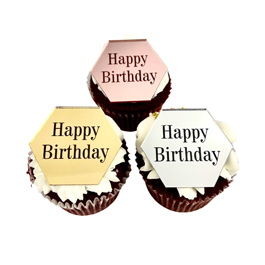 Hexagon Acrylic Cupcake Topper Disc - Happy Birthday Serif 6pc