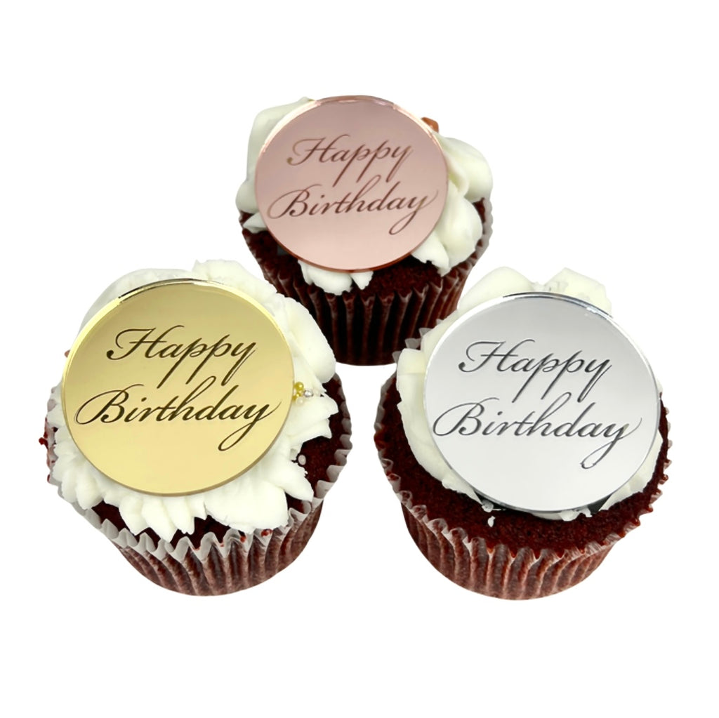 Round Acrylic Cake Topper Disc - Happy Birthday Italic 6pc