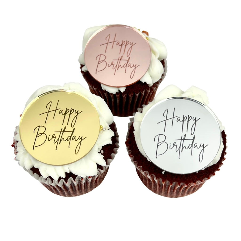Round Acrylic Cake Topper Disc - Happy Birthday Fine Handwritten 6pc