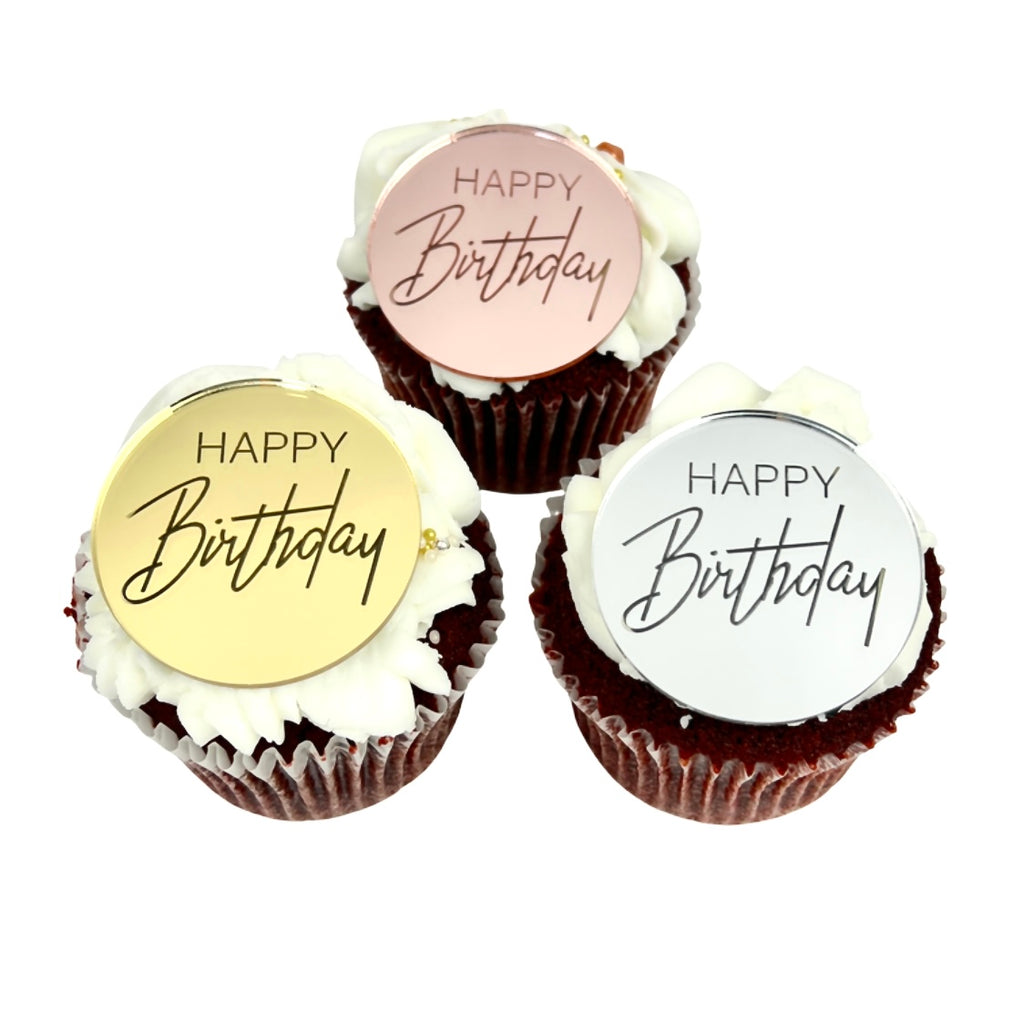 Round Acrylic Cupcake Topper Disc - Happy Birthday Script 6pc