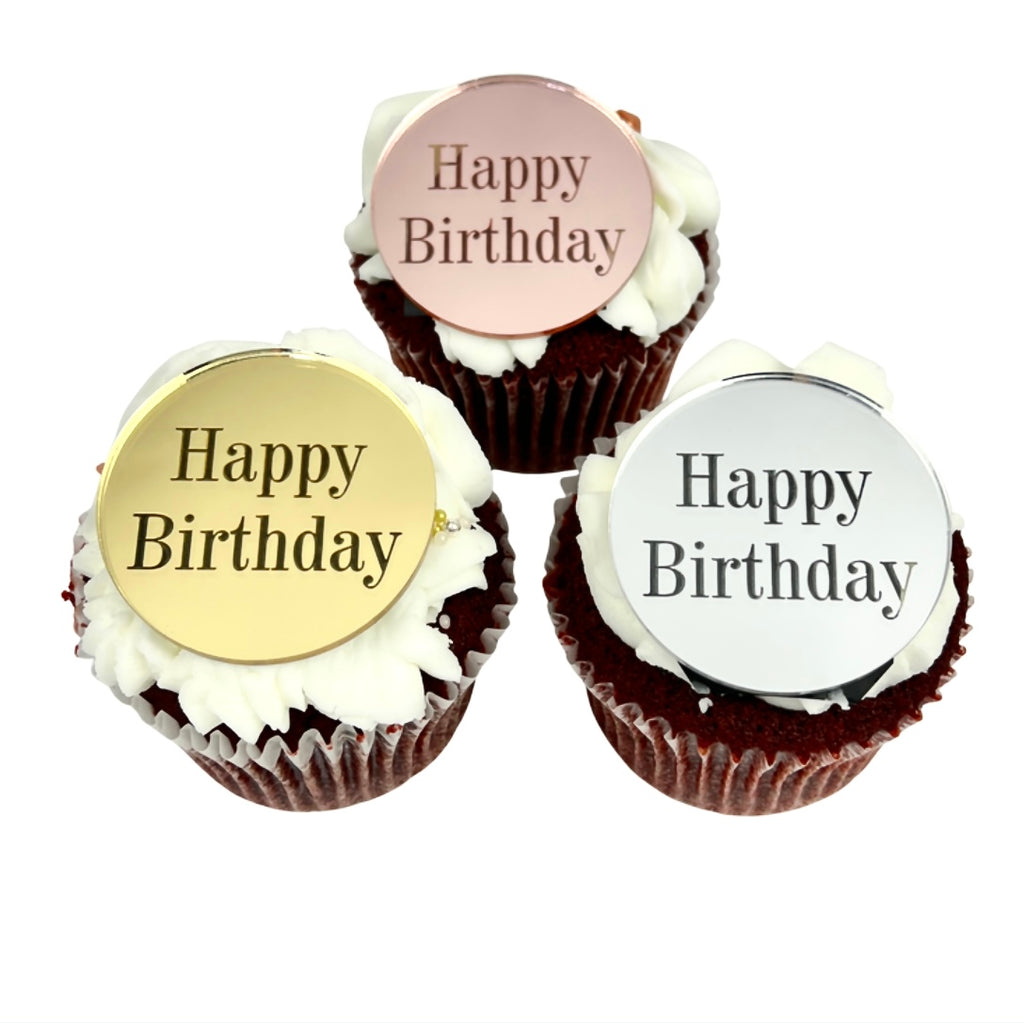 Round Acrylic Cupcake Topper Disc - Happy Birthday Serif 6pc