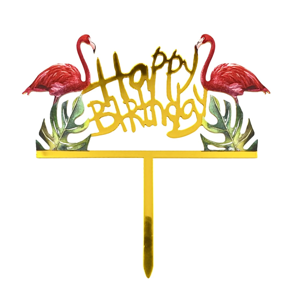 tropical flamingo monstera gold happy birthday cake topper