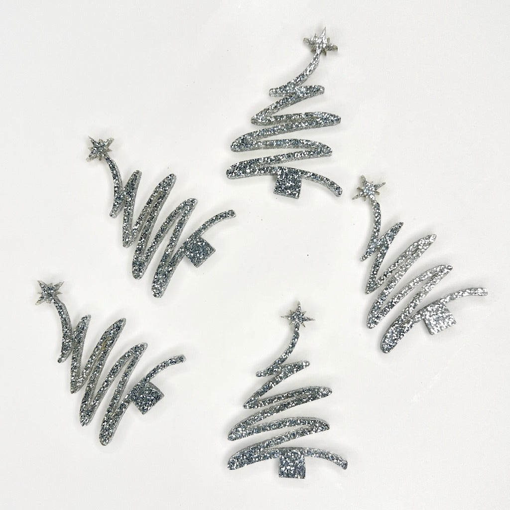 Acrylic Cupcake Topper Charms - Christmas Trees 6pc silver glitter