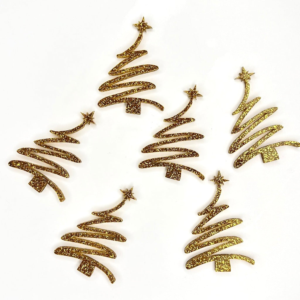 Acrylic Cupcake Topper Charms - Christmas Trees 6pc gold glitter