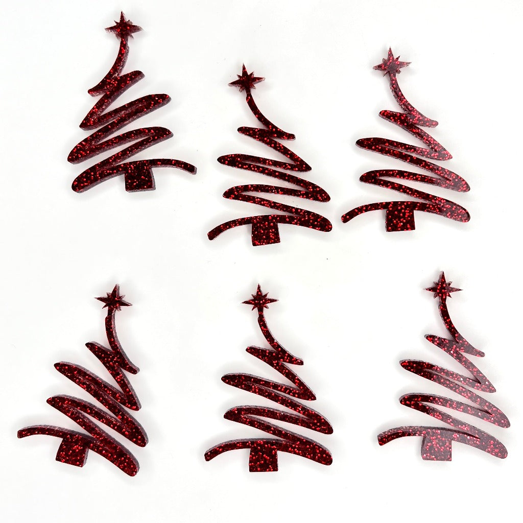 Acrylic Cupcake Topper Charms - Christmas Trees 6pc red glitter