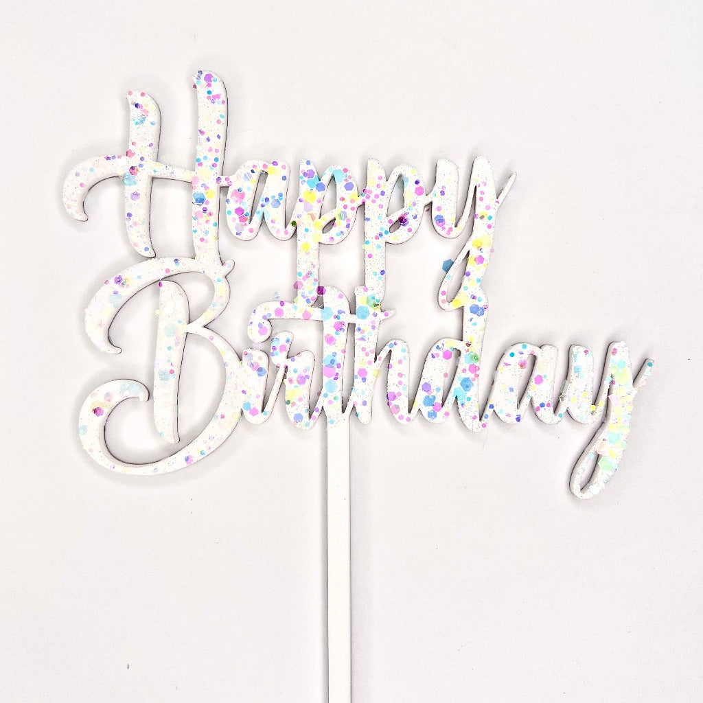Acrylic Iridescent Glitter Cake Topper - Happy Birthday
