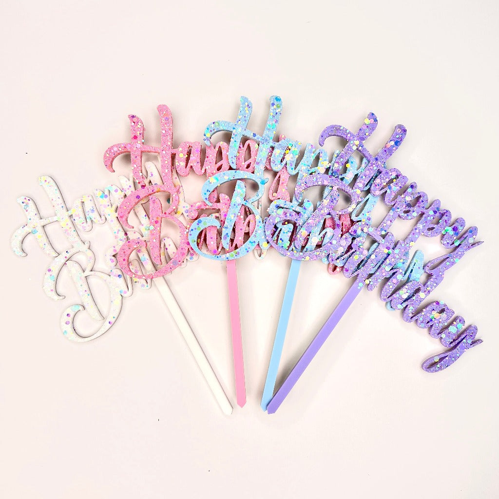 Acrylic Iridescent Glitter Cake Topper - Happy Birthday