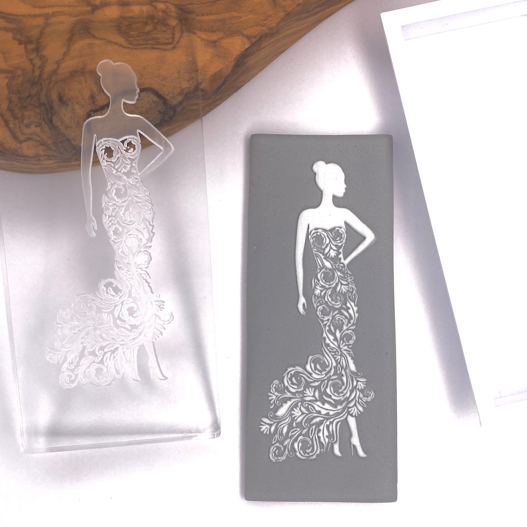 woman in lace dress cookie stamp fondant embosser