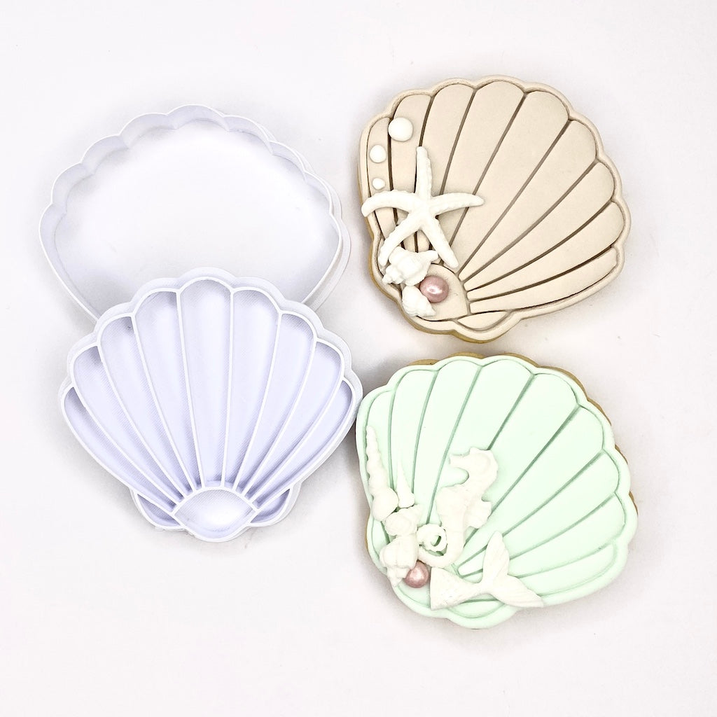 Plastic Cookie Cutter fondant Embosser clam shell