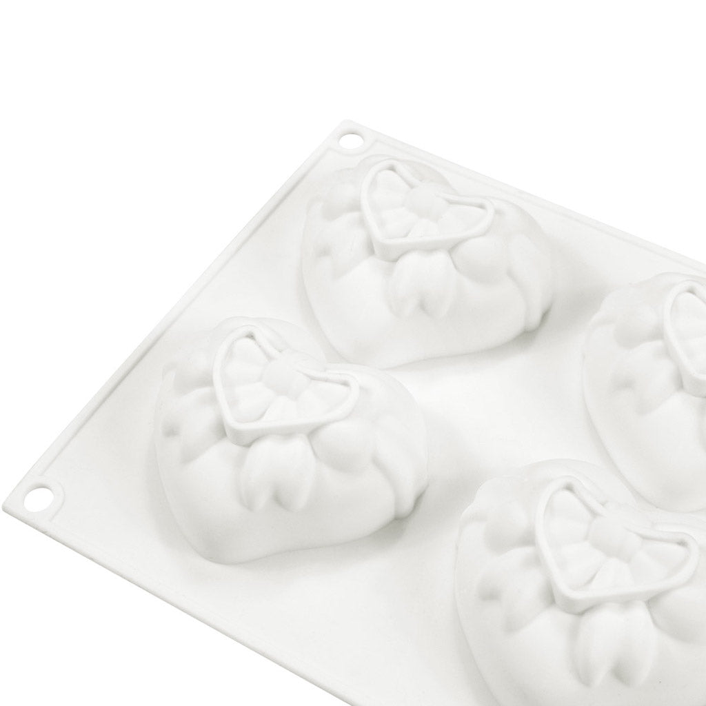 White flexible cake silicone mould love heart with bow