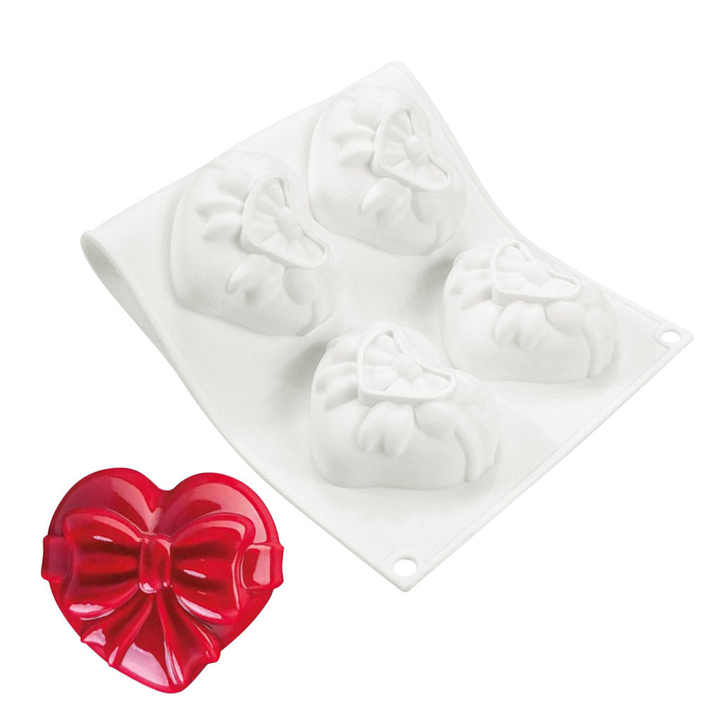 White flexible cake silicone mould love heart with bow
