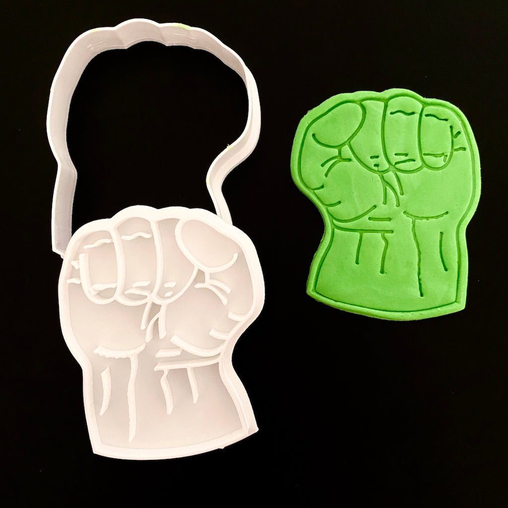 Plastic Cookie Cutter + Fondant Embosser – Green Muscle Hero