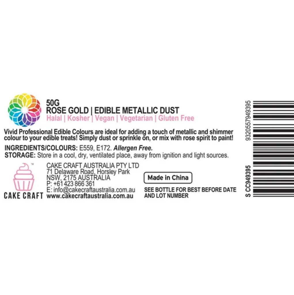 Vivid Edible Metallic Lustre Dust 50g rose gold fact sheet