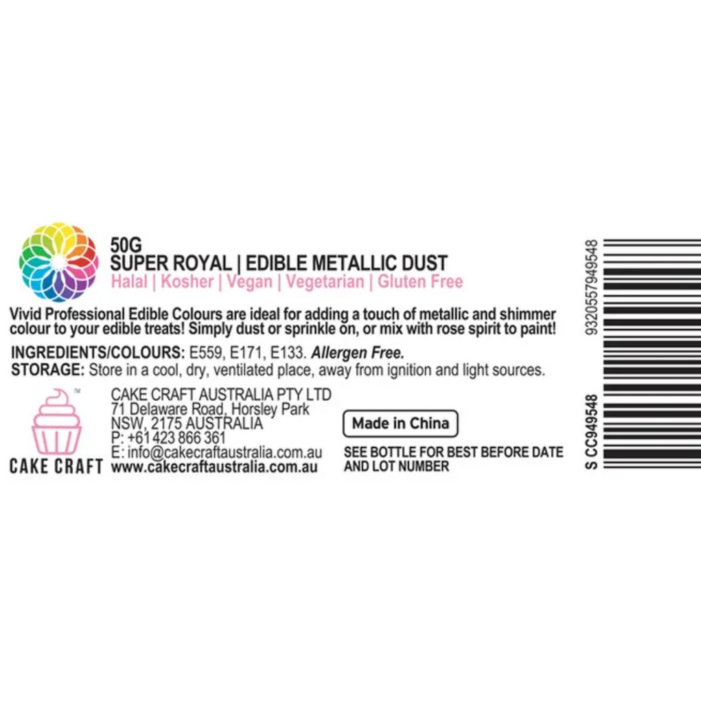 Vivid Edible Metallic Lustre Dust 50g super royal blue fact sheet