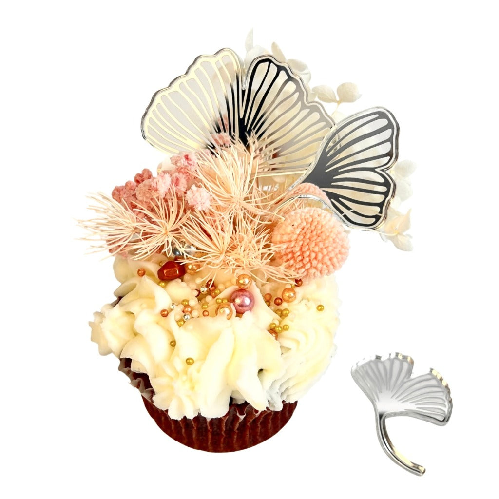 Acrylic Cupcake Topper Charms - Ginkgo Leaves Silver 3pc