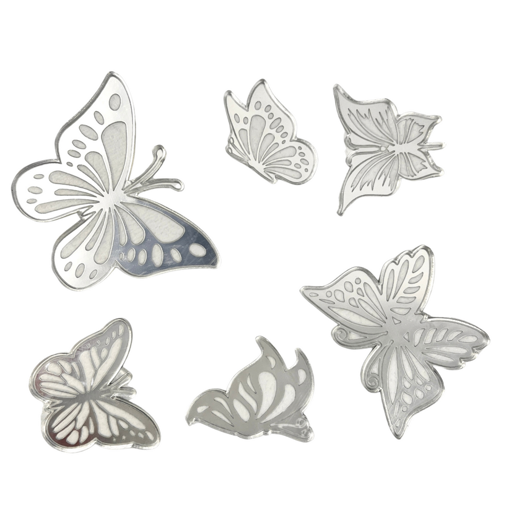 Acrylic Cupcake Topper Charms - Silver Butterflies 6pc