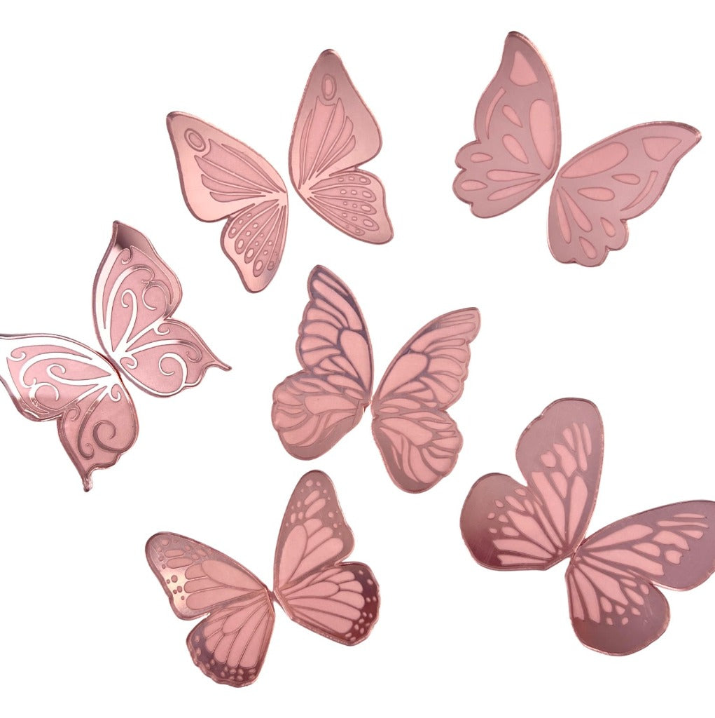 Acrylic Cupcake Topper Charms - Rose Gold Butterfly Wings 6pc