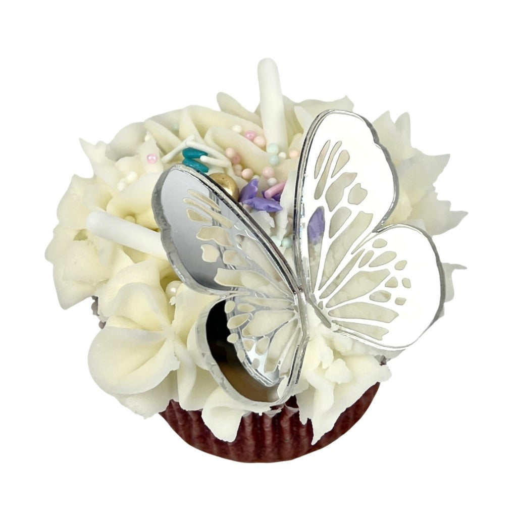 Acrylic Cupcake Topper Charms - Silver Butterfly Wings 6pc