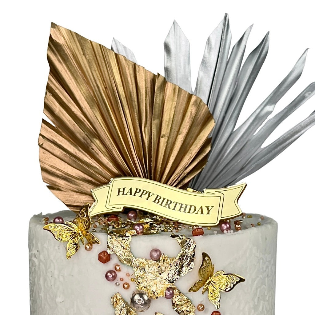 Acrylic Cake Topper Charm - Gold Happy Birthday Ribbon 3pc
