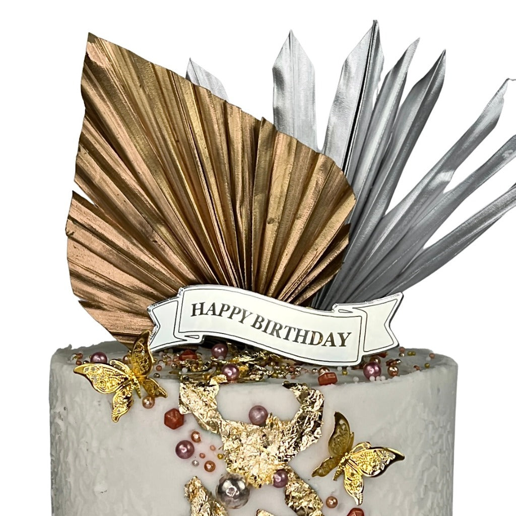 Acrylic Cake Topper Charm - Rose Gold Happy Birthday Ribbon 3pc