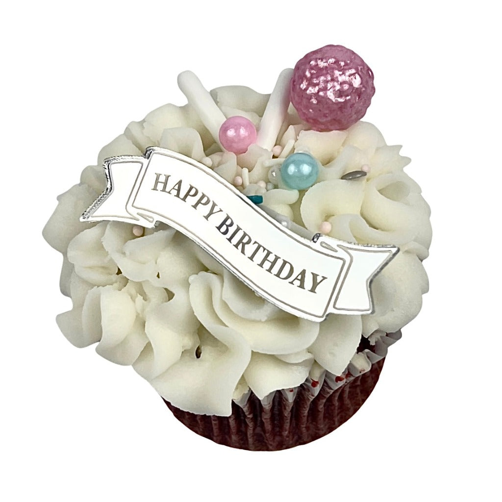 Acrylic Cupcake Topper Charms - Silver Happy Birthday Ribbon 6pc Cakers Paradise