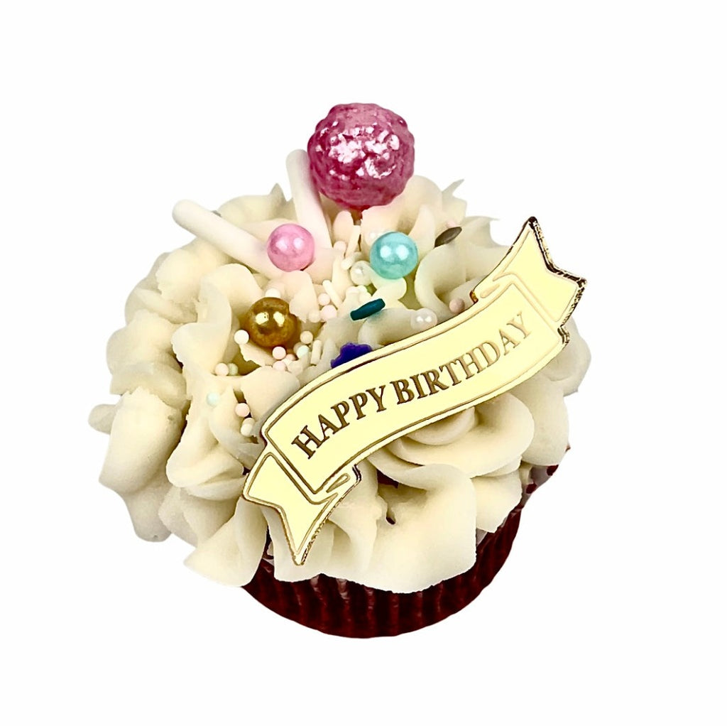 Acrylic Cupcake Topper Charms - Gold Happy Birthday Ribbon 6pc Cakers Paradise