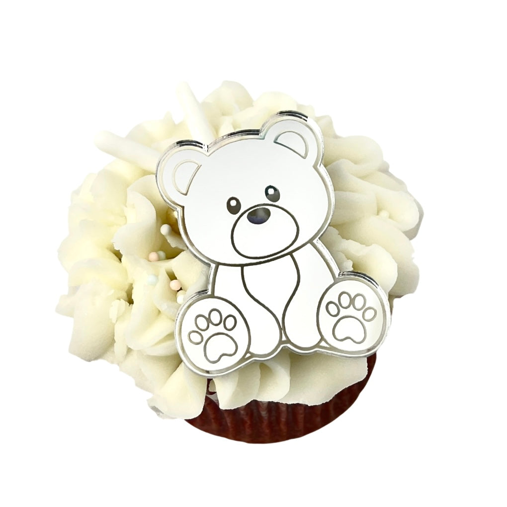 Acrylic Cupcake Topper Charms - Silver Teddy Bear Cakers Paradise