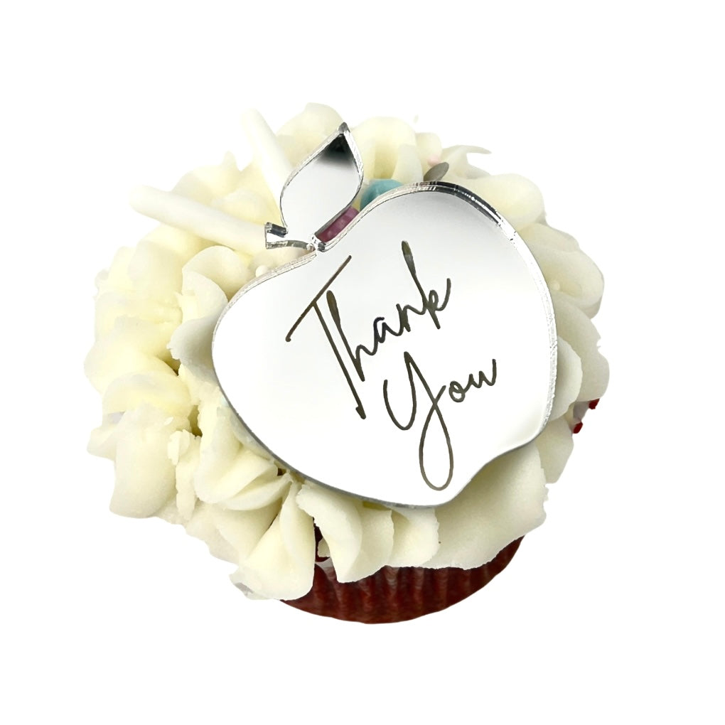 Acrylic Cupcake Topper Charms - Silver Thank You Apple 6pc