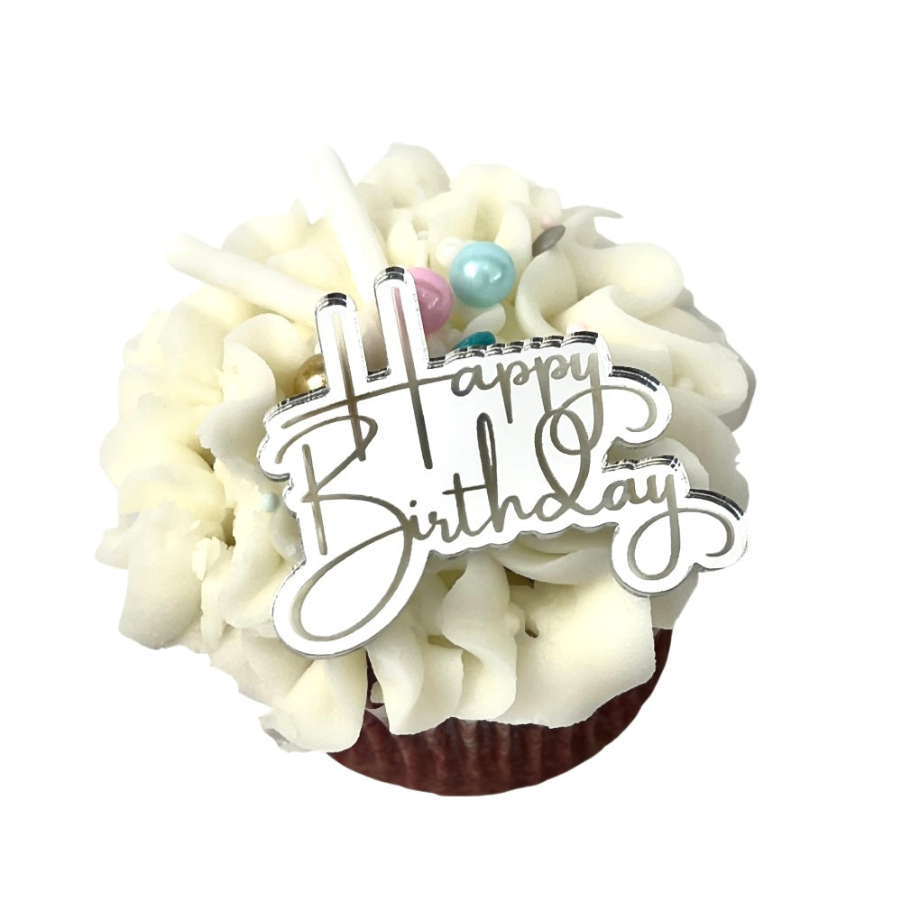 Acrylic Cupcake Topper Charms - Silver Happy Birthday Cakers Paradise