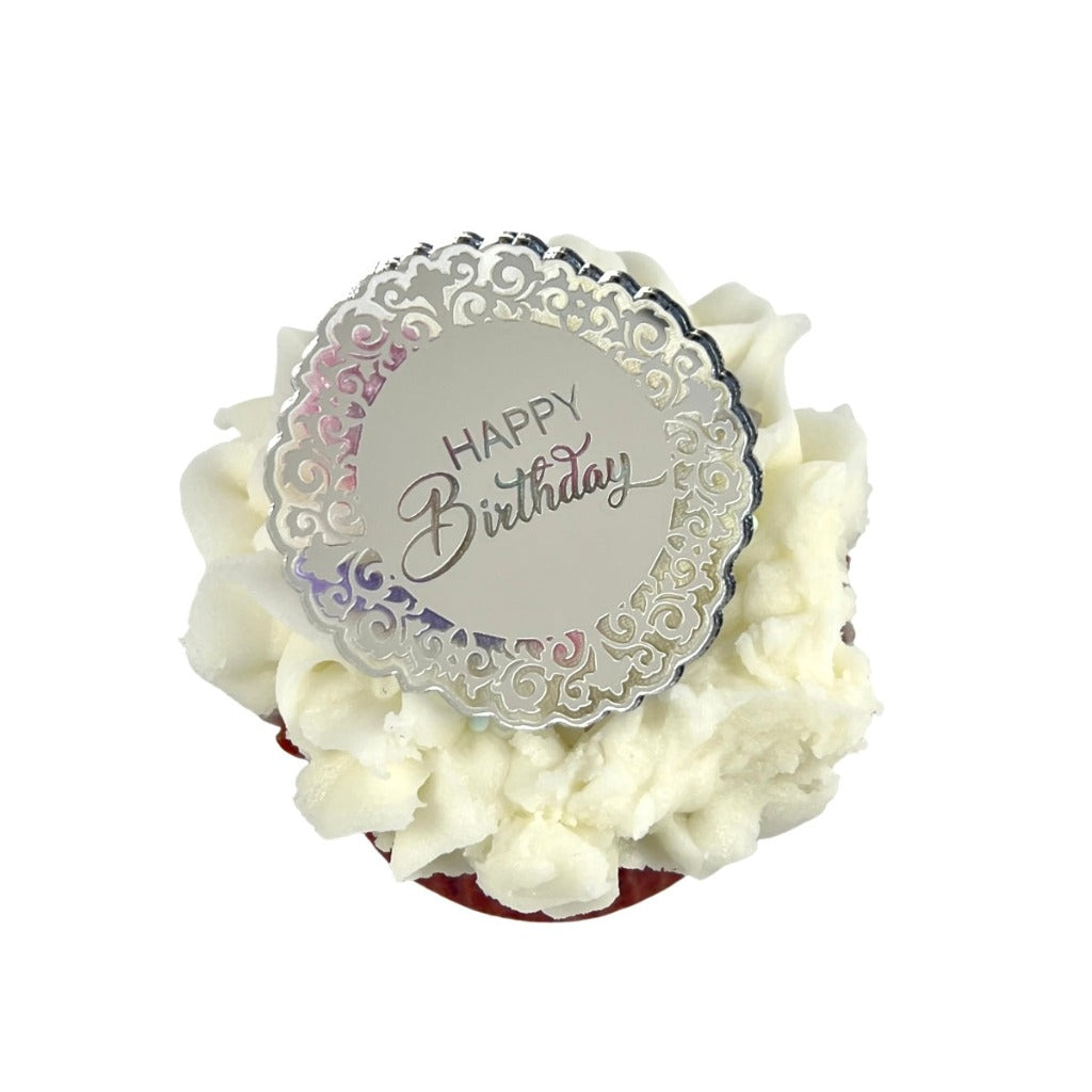 Round Acrylic Cupcake Topper Disc - Silver Happy Birthday Filigree