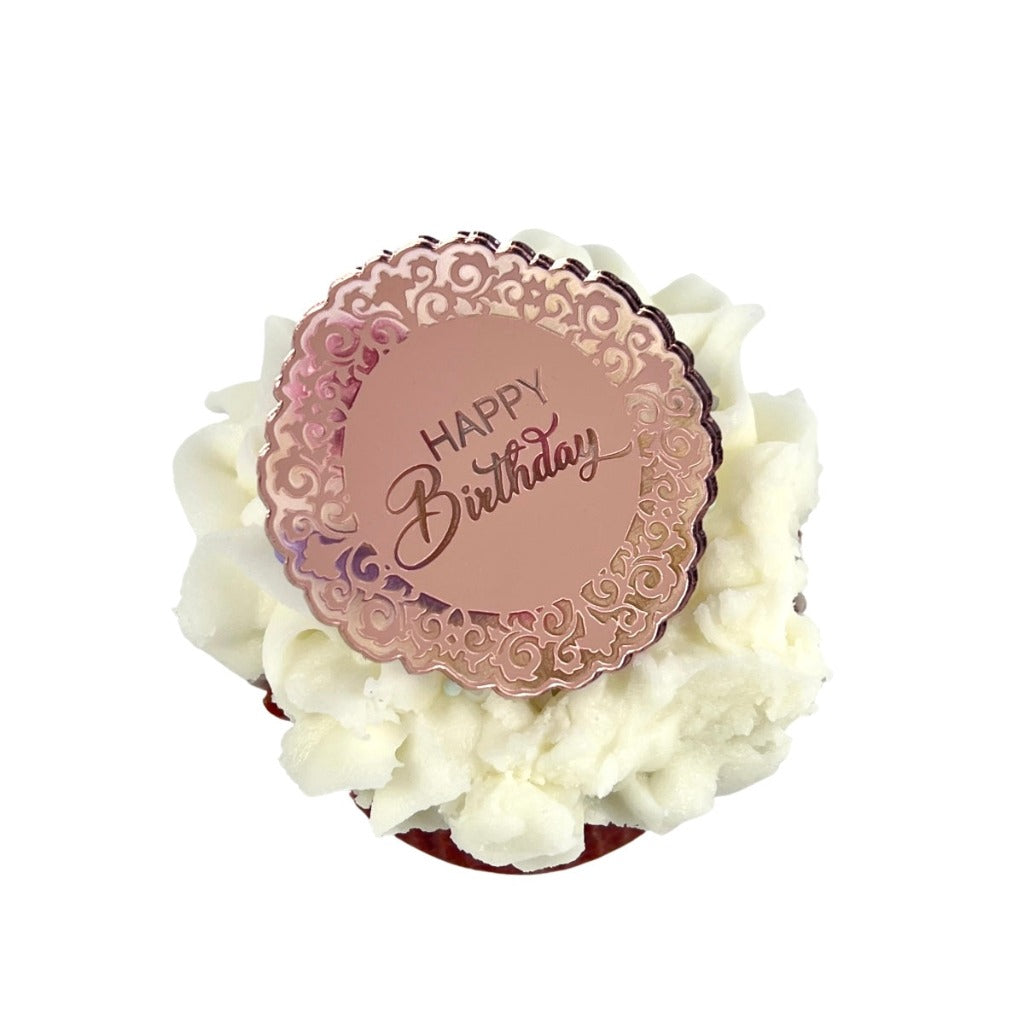 Round Acrylic Cupcake Topper Disc - Happy Birthday Filigree Cakers Paradise