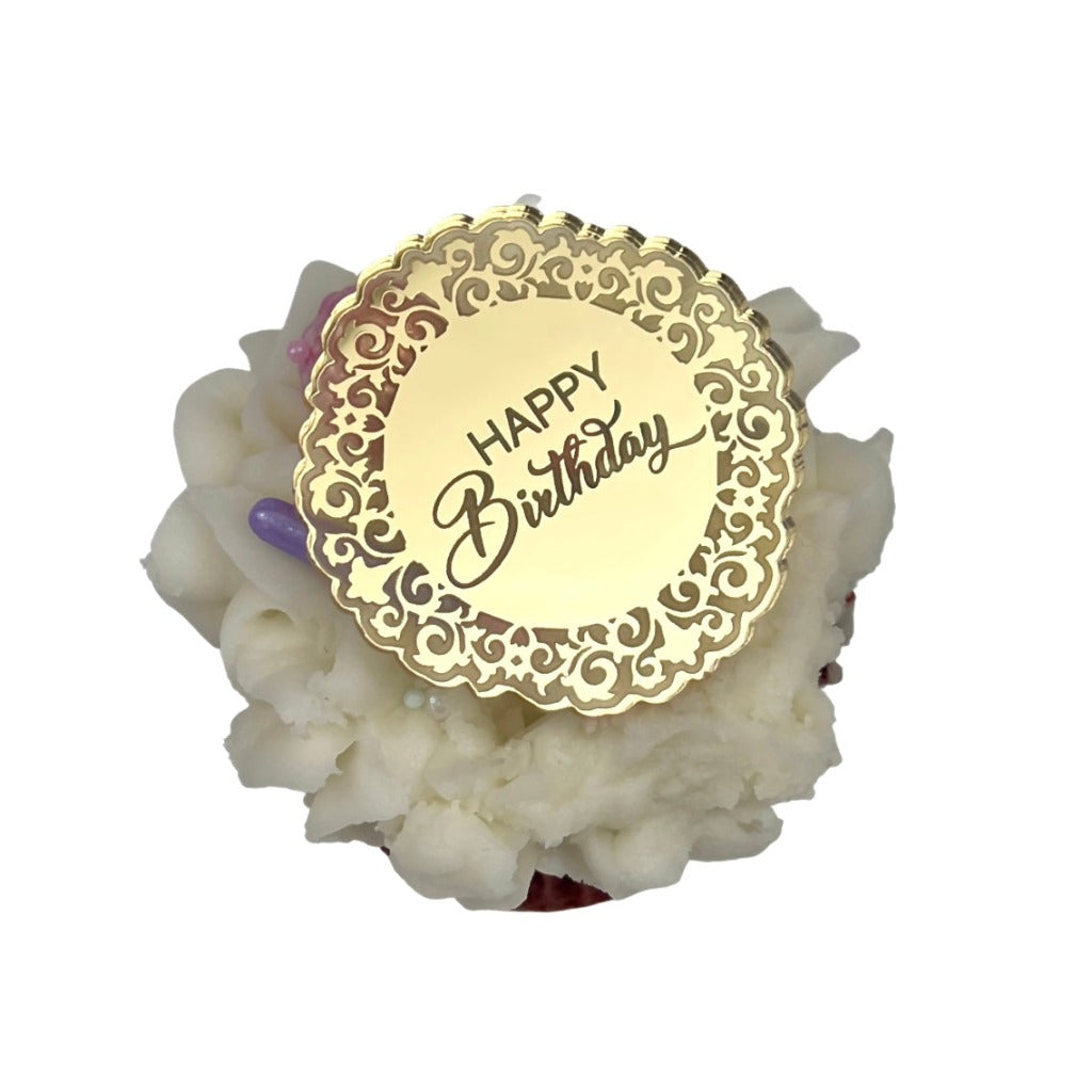Round Acrylic Cupcake Topper Disc - Gold Happy Birthday Filigree