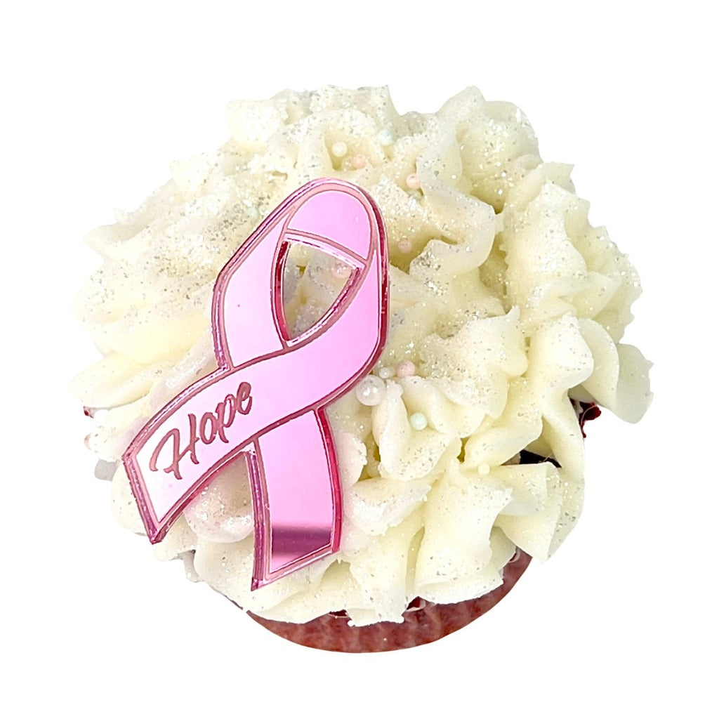 Acrylic Cupcake Topper Charms - Pink Cancer Ribbon 6pc